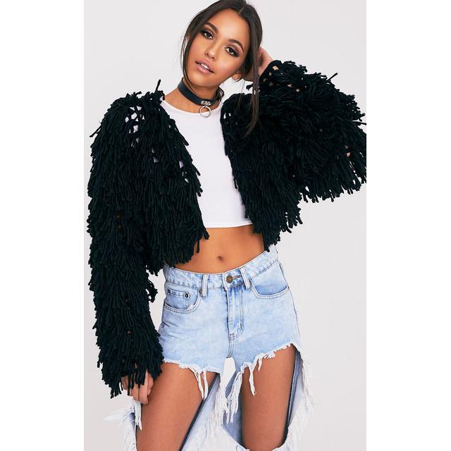 Black shaggy 2025 knit cropped cardigan