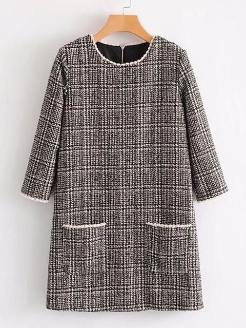 Contrast Trim Plaid Tweed Dress