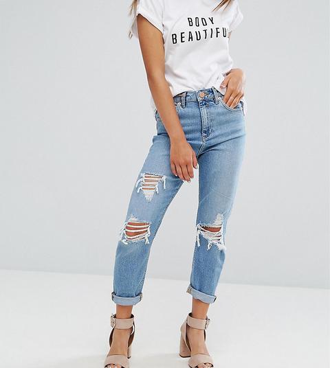 Asos Petite - Farleigh - Mom Jeans Vita Alta Slim Lavaggio Chiaro Miracle Strappati - Blu