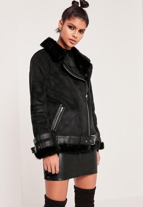 Premium Black Faux Leather Aviator Jacket