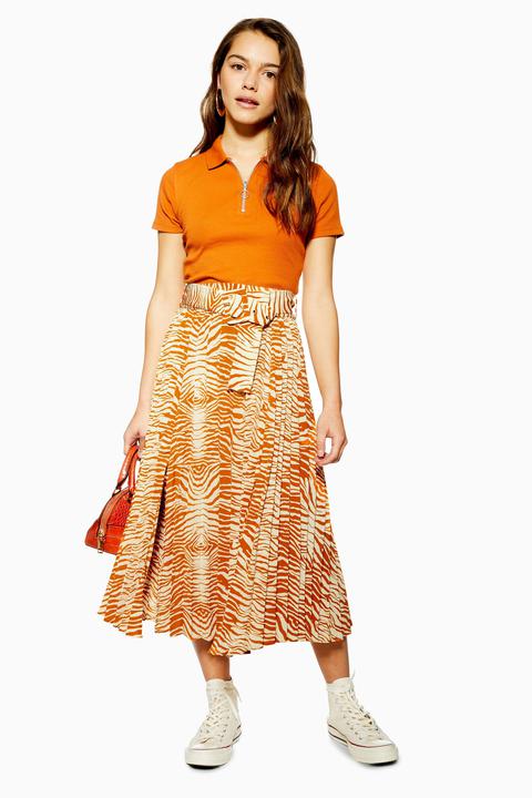 Womens Petite Zebra Pleated Belt Midi Skirt - Orange, Orange