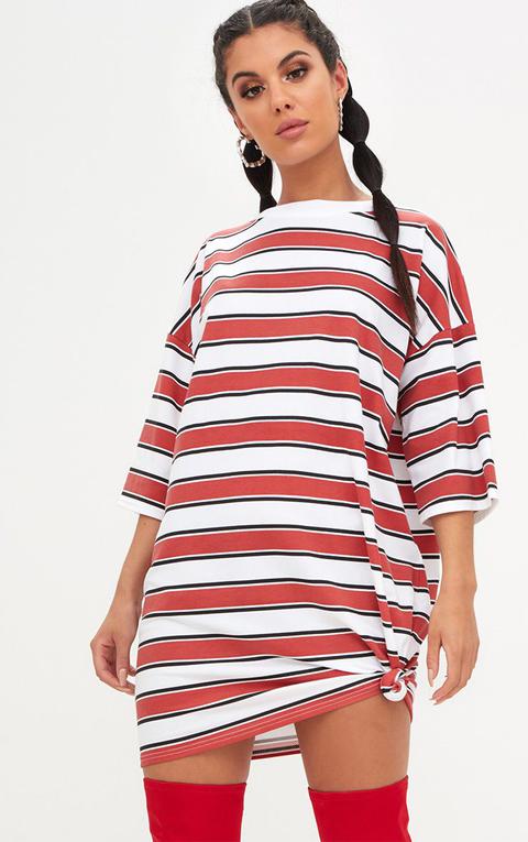 Red Striped Oversized Boyfriend T Shirt Dress