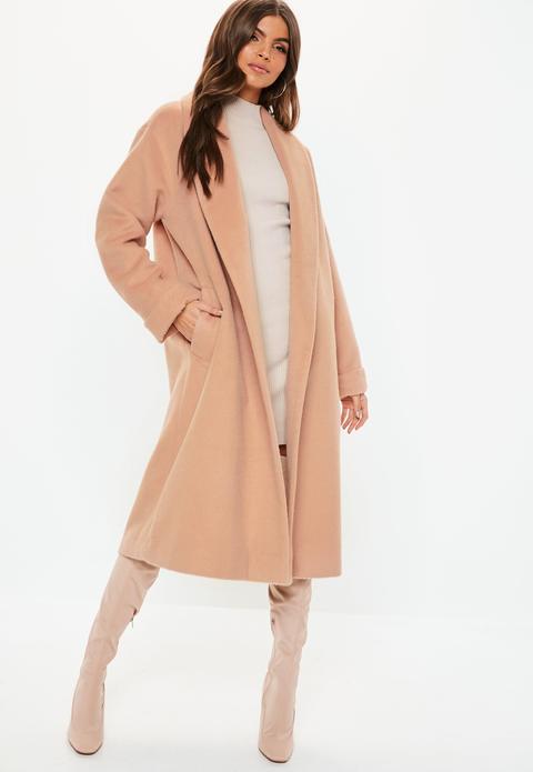 Amande Manteau Long Camel Brossé Col Arrondi