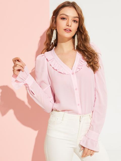 Ruffle Trim Solid Buttoned Blouse