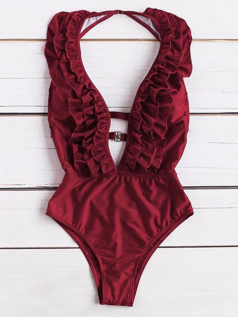 Red Ruffle Plunge Neck Sexy Monokini