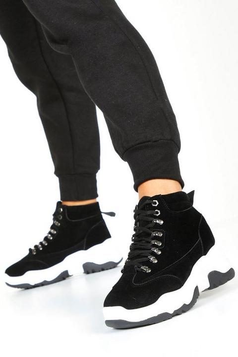 Womens Chunky Sole Lace Up Hiker Trainers - Black - 3, Black