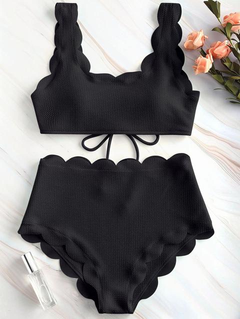Zaful Set Bikini A Vita Alta Con Texture Smerlato Day Sky Blue Black Light Pink Mint Green Red Wine