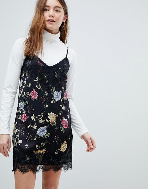 Bershka - Vestito Sottoveste Con Inserto In Pizzo A Fiori - Nero