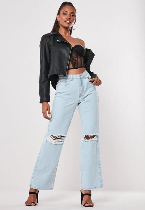 Blue Distressed Straight Jeans, Blue