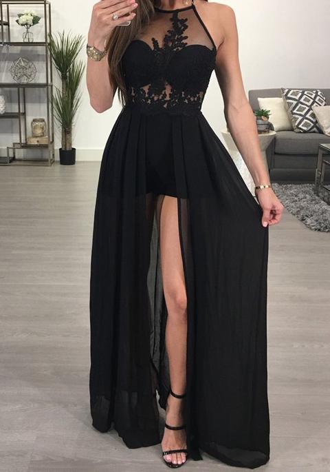 Cotone Chiffon Del Collo Del Halter Del Merletto Del Merletto Con La Sovrapposizione Di Maxi Nero