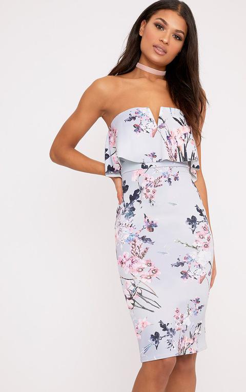 Norie Dusty Blue Floral Bandeau Midi Dress