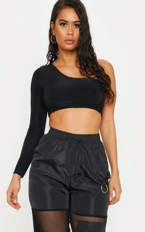 Black One Shoulder Slinky Crop Top