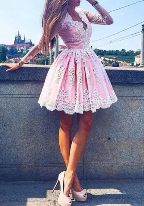 Pink Floral Embroidery Lace Grenadine Plunging Neckline New Year Party Cute Tutu Mini Dress