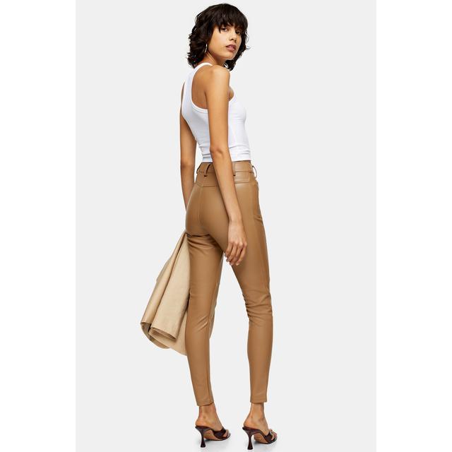 Womens Tan Skinny Biker Faux Leather Pu 