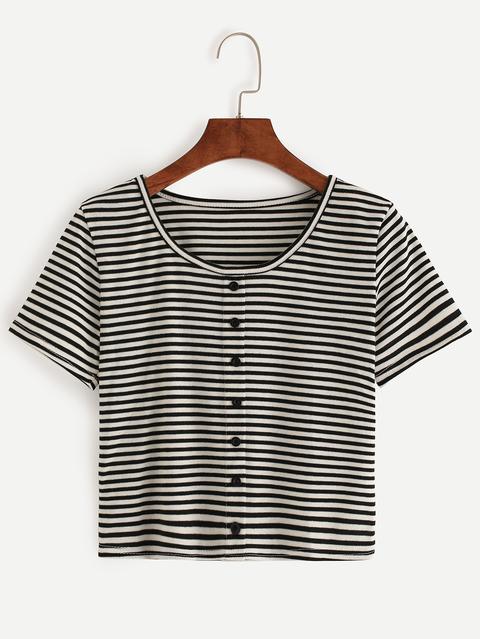 Black White Striped T-shirt With Buttons