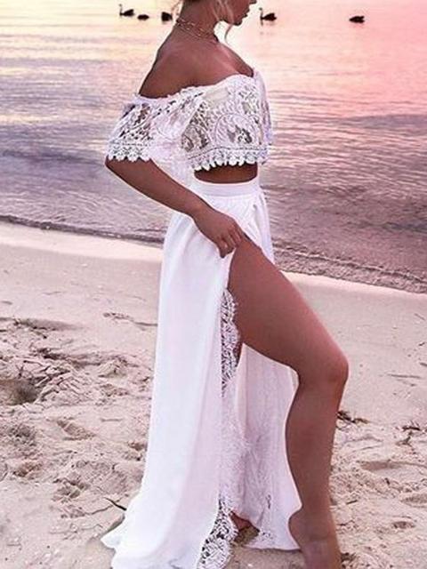 Maxi Abito Due Tasche In Pizzo A Fessura Con Spalle A Vita Alta Bohémien Elegante Bianco