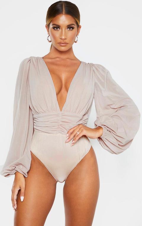 Nude Mesh Ruched Waistband Bodysuit