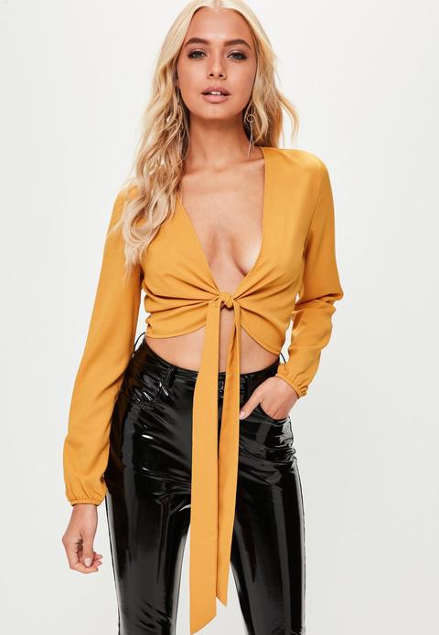 Yellow Tie Front Crop Top, Mustard