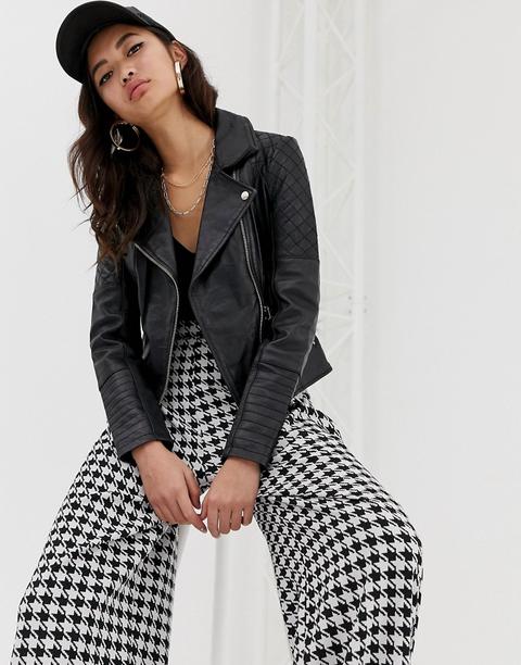 River Island - Giacca Biker Nera In Vera Pelle - Nero