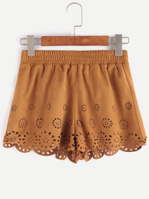 Suede Laser Cutout Scallop Hem Shorts