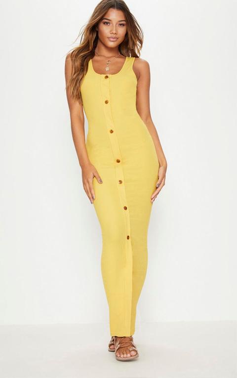 Mustard Ribbed Button Detail Maxi Dress