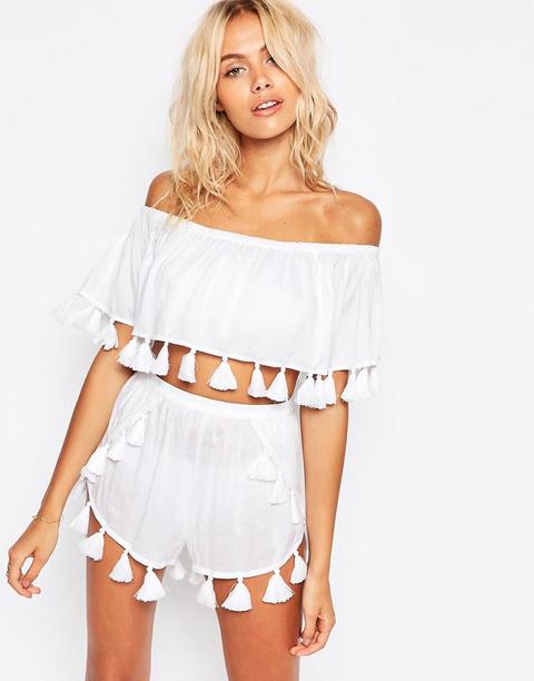 Top De Playa De Conjunto Con Diseño Corto Palabra De Honor Y Flecos De Asos