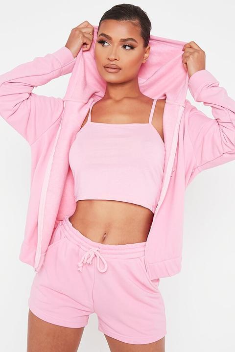 Pink Cami Short And Hoodie Set , Pink