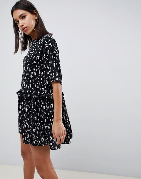 Asos Design Mini Smock Dress With Frill Waist In Splodge Print