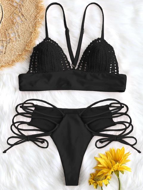 Bikini Bralette All'uncinetto Con Lacci Black Pink Red