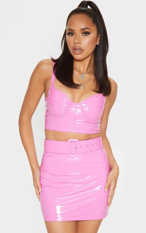 Hot Pink Vinyl Cup Detail Strappy Crop Top