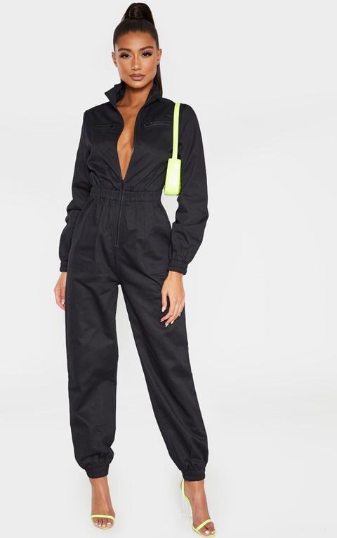 Black Utility Contrast Zip Jumpsuit