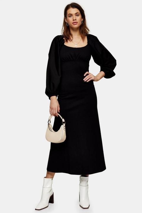 Black Poplin Mix Midi Dress