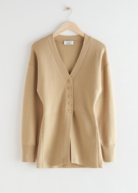 Long Sculptural Knit Cardigan - Beige