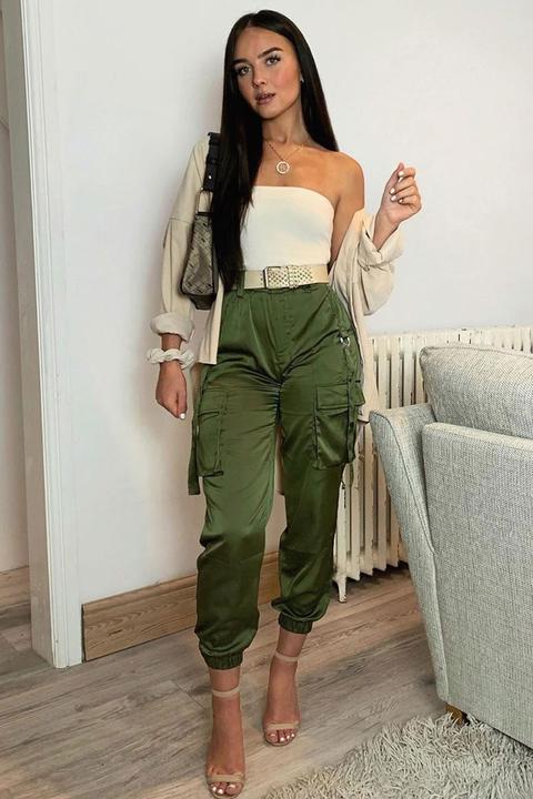 Khaki Satin Utility Pocket Cuffed Hem Trousers - Delilah