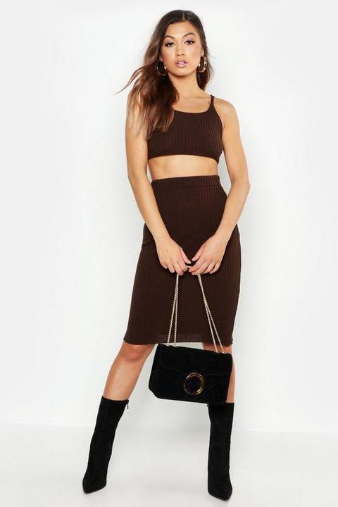 Womens Knitted Midi Skirt Co-ord - Brown - S, Brown