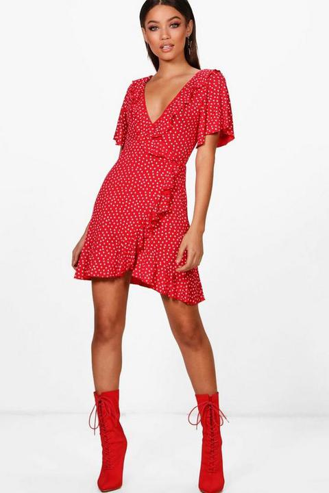 Womens Ditsy Heart Tea Dress - Red - 16, Red