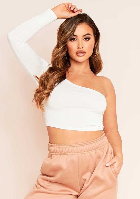 Siara White One Shoulder Long Sleeve Crop Top