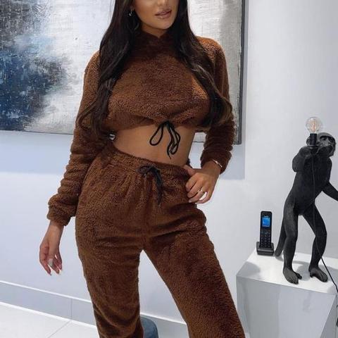 Brown Teddy Borg Cropped Hoodie And Jogger Lounge Set