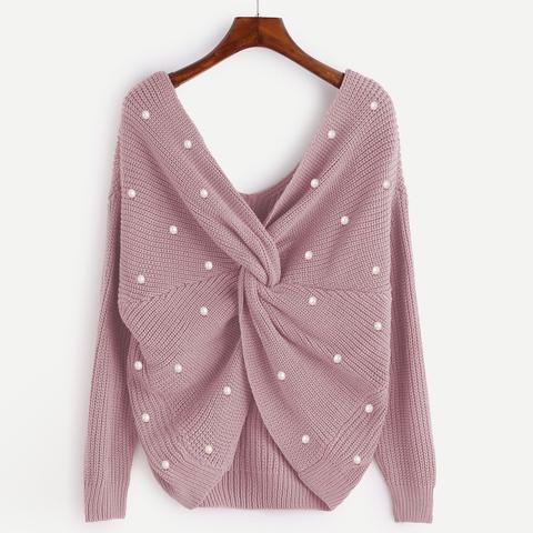 Pearl Beading Twist Infinity Sweater