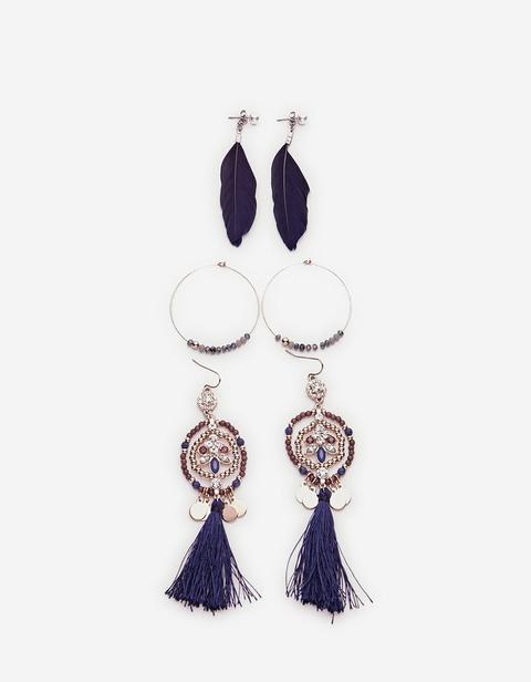 Set 3 Orecchini A Cerchio, Con Piume E Nappe Azzurro Mare