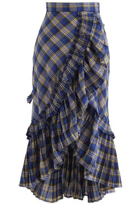 Applause Of Ruffle Tiered Frill Hem Skirt In Blue Plaid
