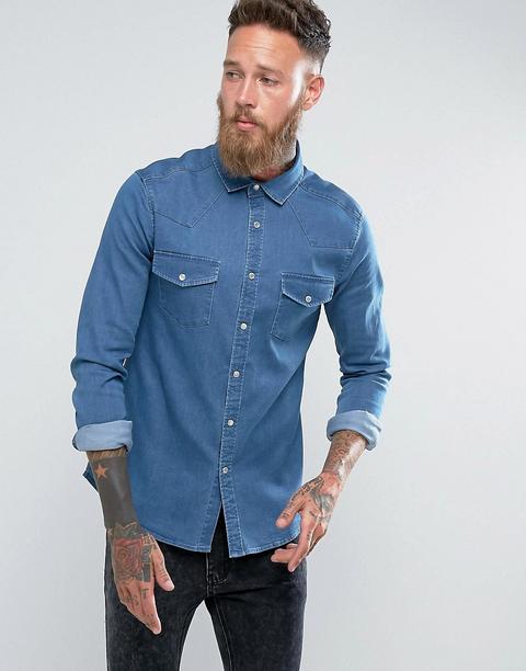 Asos - Camicia Di Jeans Slim Stile Western Lavaggio Medio - Blu