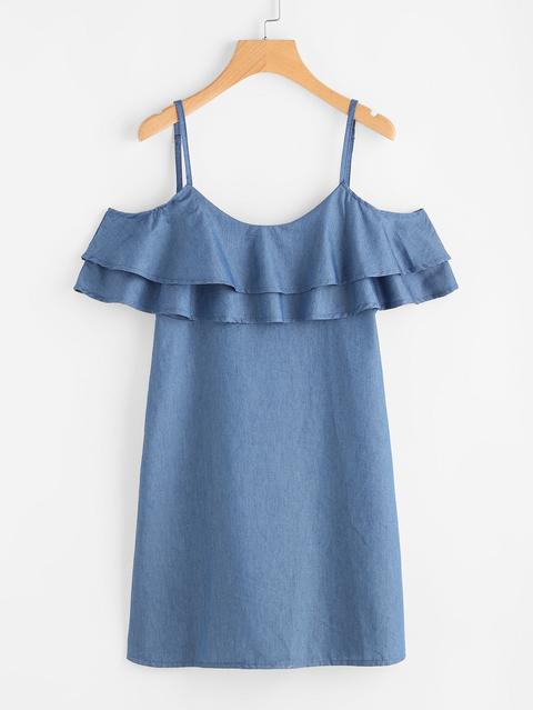 Tiered Frill Trim Chambray Dress