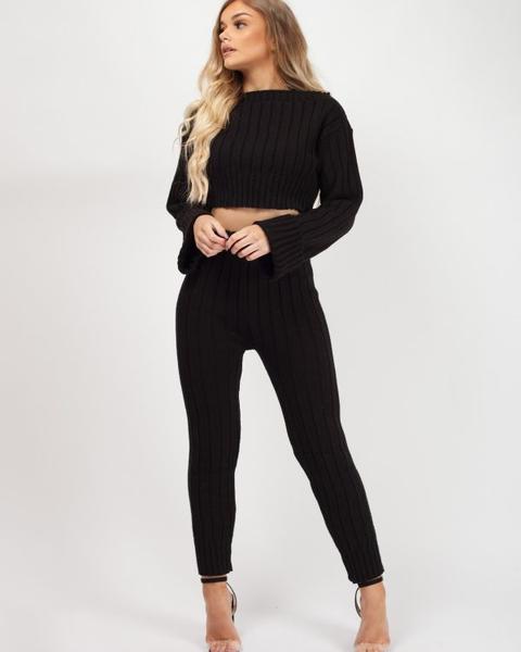 Kalianna Ribbed Knitted Crop Top & Bottom Loungewear In Black