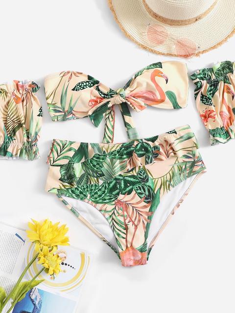 Tropicale Casuale Con Bikini A Vita Alta Con Polsino