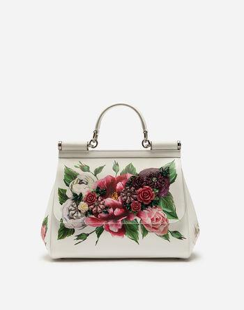 Borsa Sicily Media In Vitello Dauphine Stampa Peonie