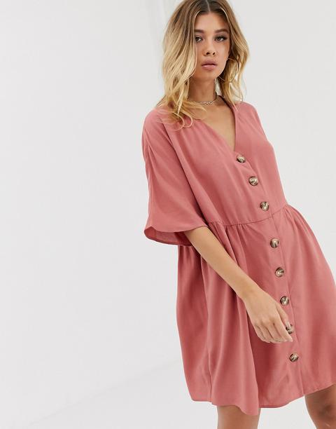 Asos Design V Neck Button Through Mini Smock Dress-pink