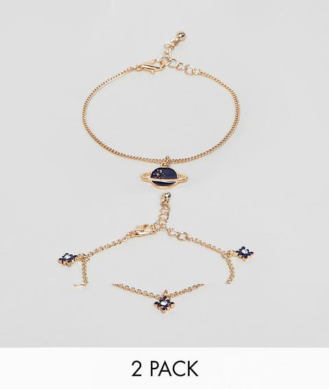 Asos Design - Set Da 2 Braccialetti Oro Con Stelle E Pianeti - Oro