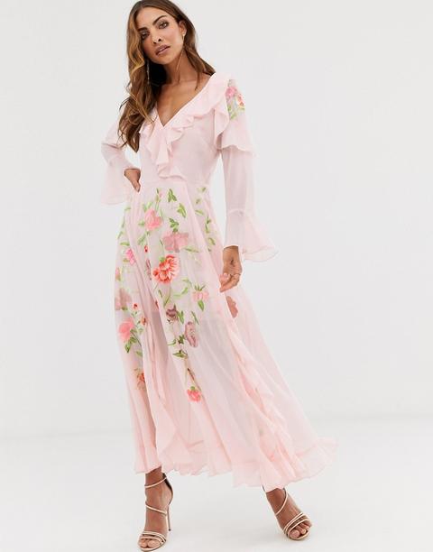 Asos Design Embroidered Wrap Maxi Dress With Long Sleeves-pink from ASOS on  21 Buttons