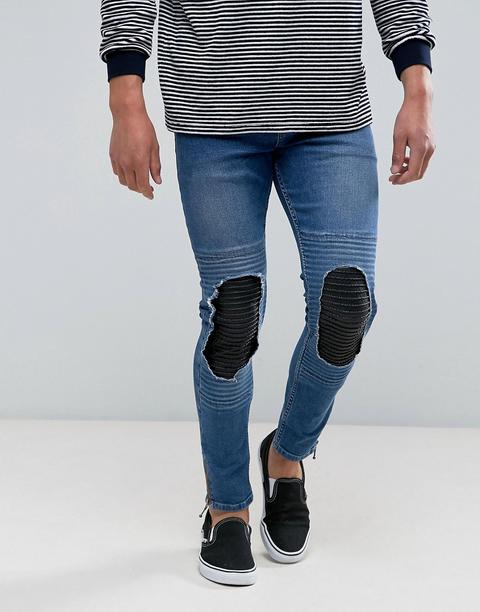 Asos - Jeans Super Skinny Blu Medio Slavato Stile Motociclista Con Rip And Repair In Pelle Sintetica - Blu